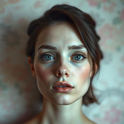 A surrealistic portrait of a person with a serene expression, featuring a unique twist: the eye sockets are empty, creating an eerie yet captivating atmosphere