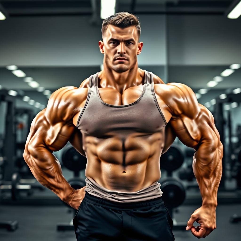 A muscular bodybuilder posing confidently in a modern gym environment, showcasing their physique with well-defined muscles and a strong stance