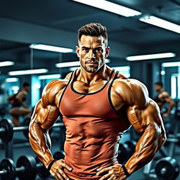 A muscular bodybuilder posing confidently in a modern gym environment, showcasing their physique with well-defined muscles and a strong stance