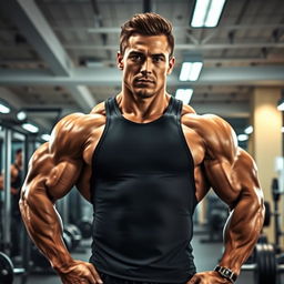 A muscular bodybuilder posing confidently in a modern gym environment, showcasing their physique with well-defined muscles and a strong stance
