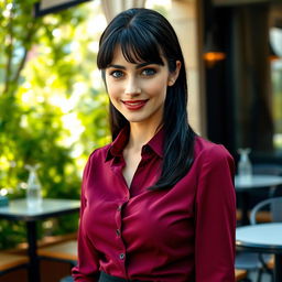 An alluring Russian woman, aged 35 to 45, with a fashionable hairstyle featuring bangs and sleek black hair