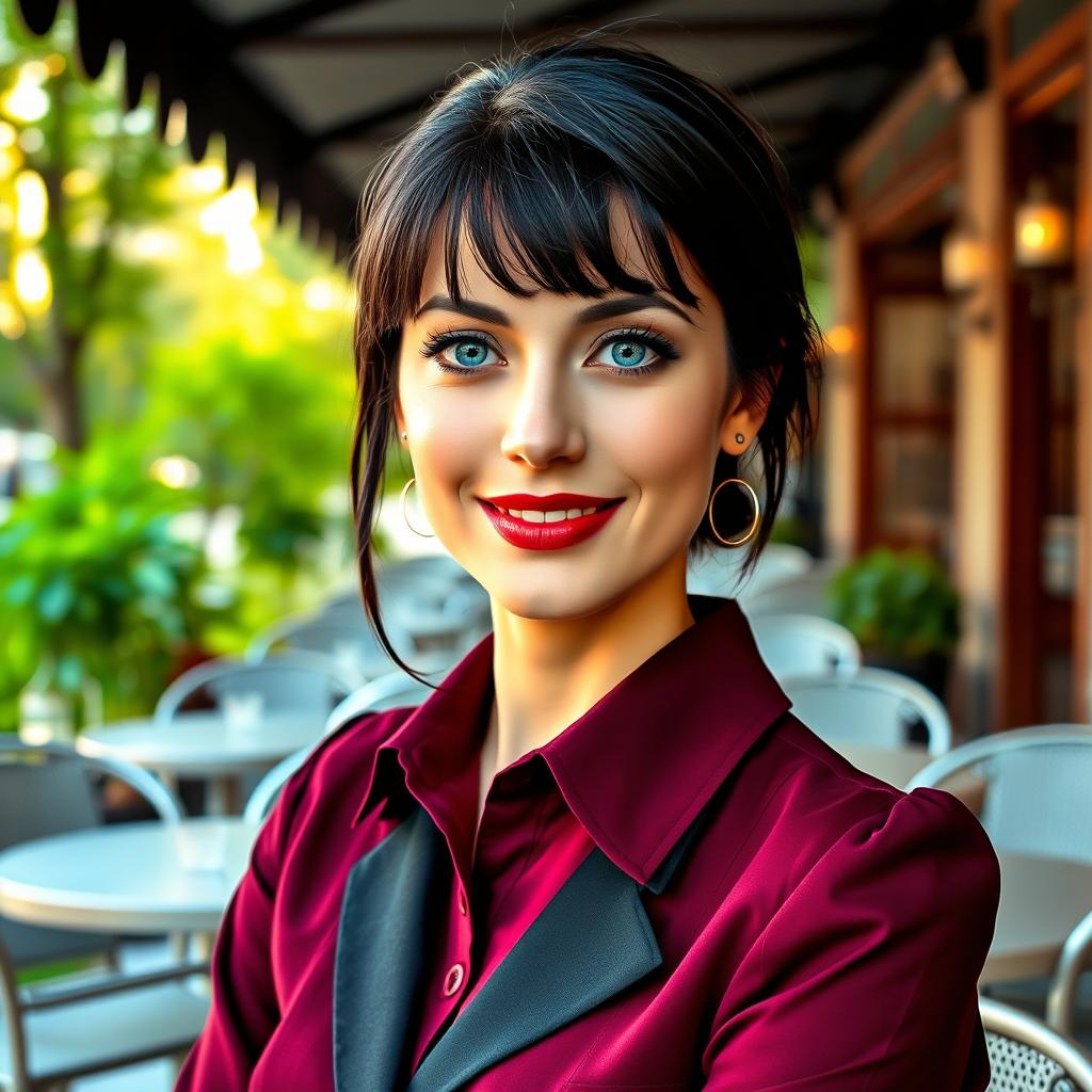 An alluring Russian woman, aged 35 to 45, with a fashionable hairstyle featuring bangs and sleek black hair