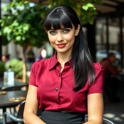 An alluring Russian woman, aged 35 to 45, with a fashionable hairstyle featuring bangs and sleek black hair