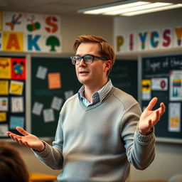 A male teacher standing in front of a classroom, passionately explaining a lesson