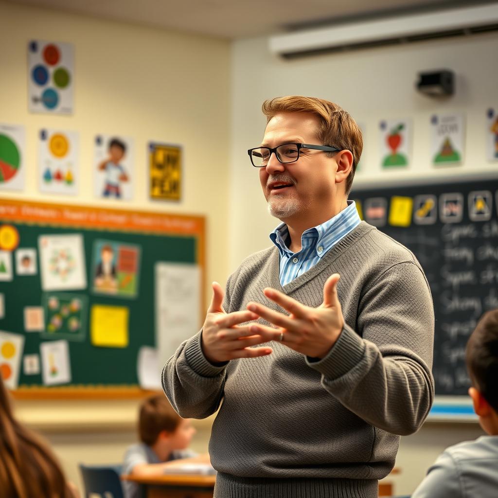 A male teacher standing in front of a classroom, passionately explaining a lesson