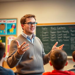 A male teacher standing in front of a classroom, passionately explaining a lesson