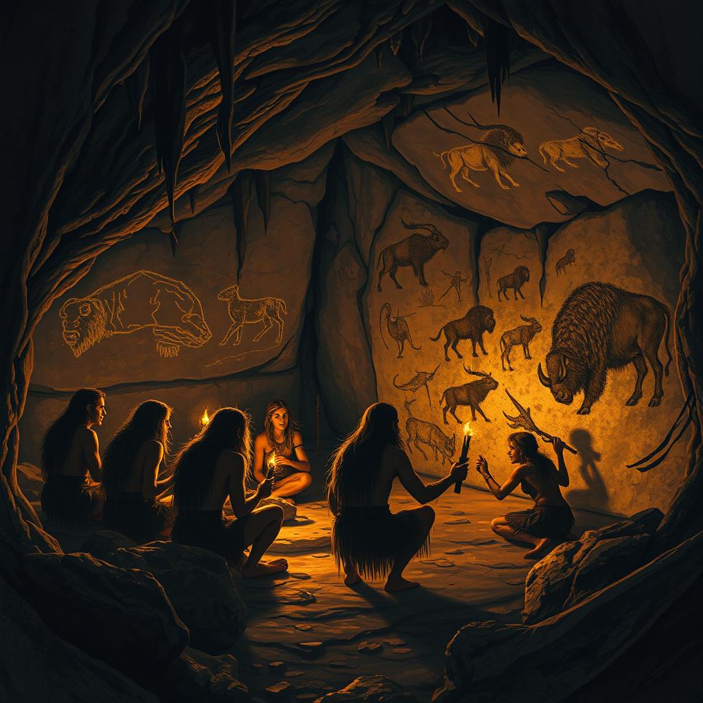 A realistic depiction of early humans in a cave, showcasing a group of prehistoric people working together to create cave paintings on the rocky walls