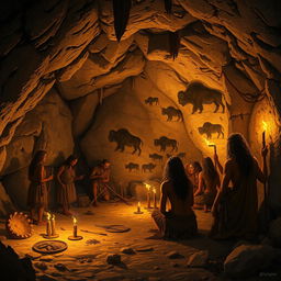 A realistic depiction of early humans in a cave, showcasing a group of prehistoric people working together to create cave paintings on the rocky walls