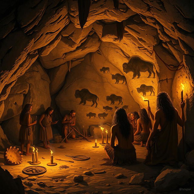 A realistic depiction of early humans in a cave, showcasing a group of prehistoric people working together to create cave paintings on the rocky walls