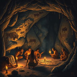 A realistic depiction of early humans in a cave, showcasing a group of prehistoric people working together to create cave paintings on the rocky walls
