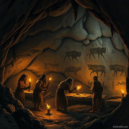 A realistic depiction of early humans in a cave, showcasing a group of prehistoric people working together to create cave paintings on the rocky walls
