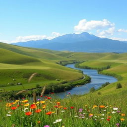 A beautiful, serene landscape featuring rolling hills, lush greenery, and a clear blue sky