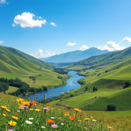 A beautiful, serene landscape featuring rolling hills, lush greenery, and a clear blue sky