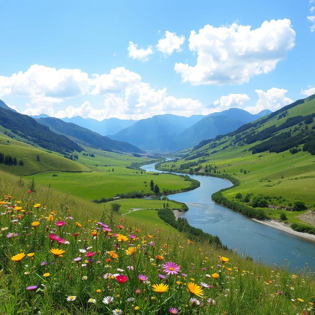 A beautiful, serene landscape featuring rolling hills, lush greenery, and a clear blue sky