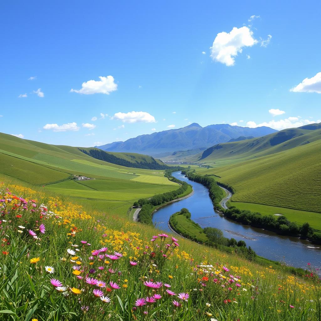 A beautiful, serene landscape featuring rolling hills, lush greenery, and a clear blue sky