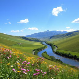 A beautiful, serene landscape featuring rolling hills, lush greenery, and a clear blue sky