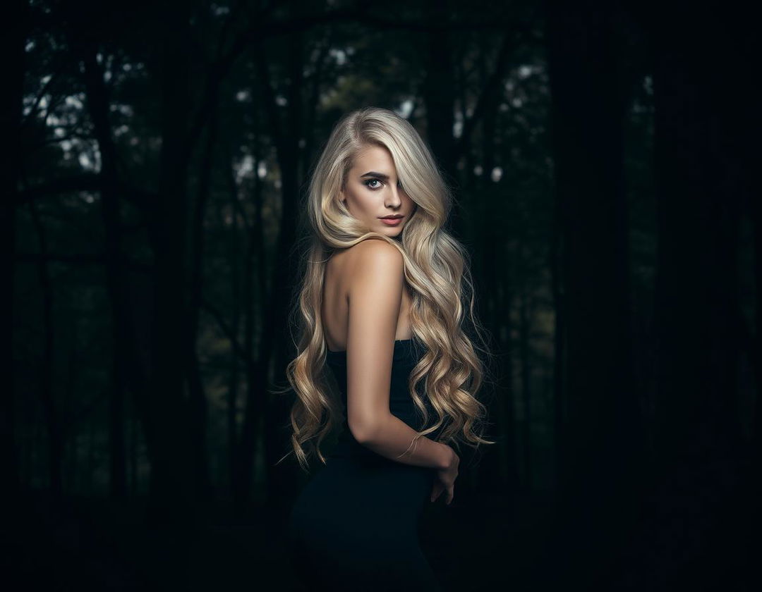 A beautiful blonde model with long wavy blonde hair and striking blue eyes, standing with her back towards the camera, surrounded by a dark, mysterious forest