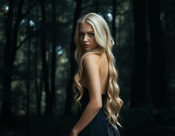 A beautiful blonde model with long wavy blonde hair and striking blue eyes, standing with her back towards the camera, surrounded by a dark, mysterious forest