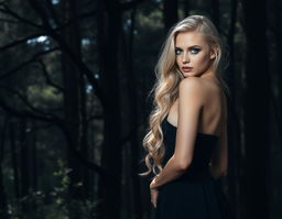 A beautiful blonde model with long wavy blonde hair and striking blue eyes, standing with her back towards the camera, surrounded by a dark, mysterious forest
