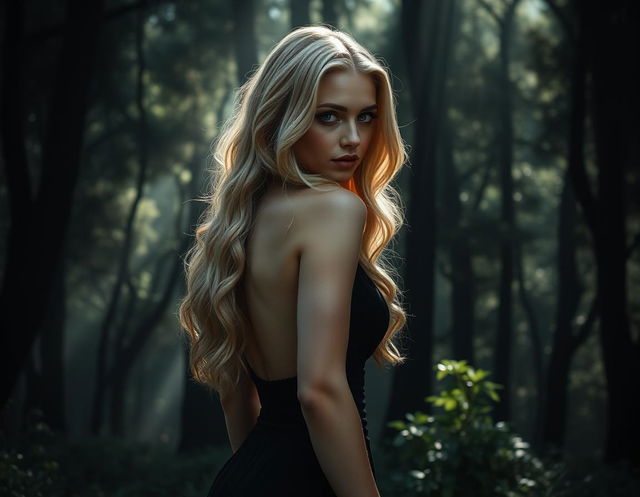 A beautiful blonde model with long wavy blonde hair and striking blue eyes, standing with her back towards the camera, surrounded by a dark, mysterious forest