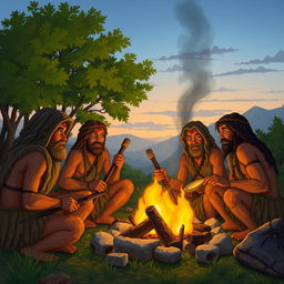 A scene depicting early humans in a prehistoric setting, showcasing a group of hunter-gatherers around a campfire in a forest