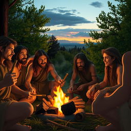 A scene depicting early humans in a prehistoric setting, showcasing a group of hunter-gatherers around a campfire in a forest