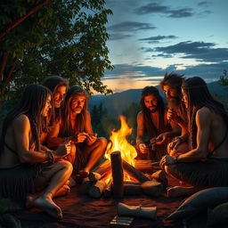 A scene depicting early humans in a prehistoric setting, showcasing a group of hunter-gatherers around a campfire in a forest