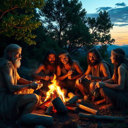 A scene depicting early humans in a prehistoric setting, showcasing a group of hunter-gatherers around a campfire in a forest