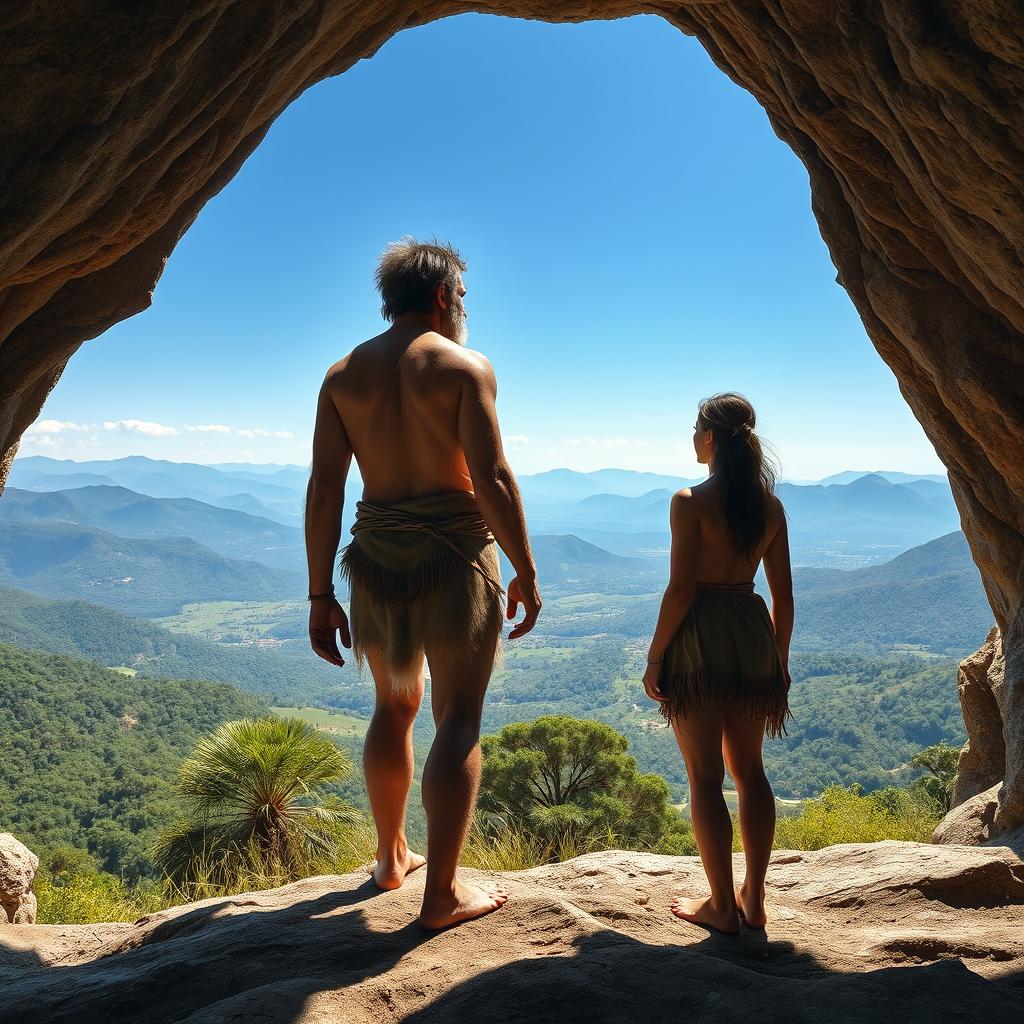 A Homo erectus man and woman standing at the entrance of a cave on the peak of a hill, gazing down at the lush, green landscape below