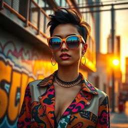 A fashion-forward woman with a bold style, adorned in a chic outfit combining vibrant colors and unique patterns, standing confidently against an artistic urban backdrop