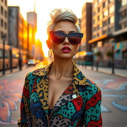 A fashion-forward woman with a bold style, adorned in a chic outfit combining vibrant colors and unique patterns, standing confidently against an artistic urban backdrop