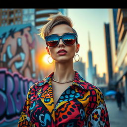 A fashion-forward woman with a bold style, adorned in a chic outfit combining vibrant colors and unique patterns, standing confidently against an artistic urban backdrop