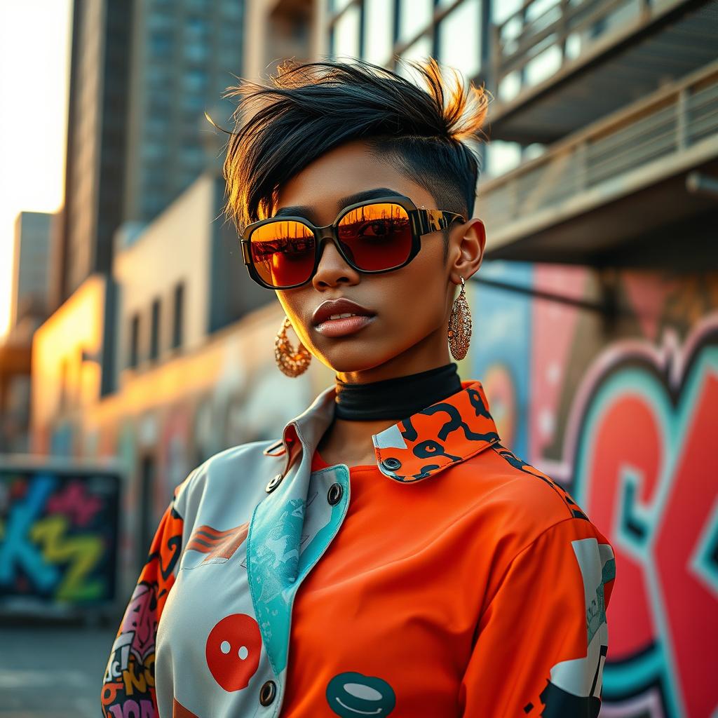 A fashion-forward woman with a bold style, adorned in a chic outfit combining vibrant colors and unique patterns, standing confidently against an artistic urban backdrop