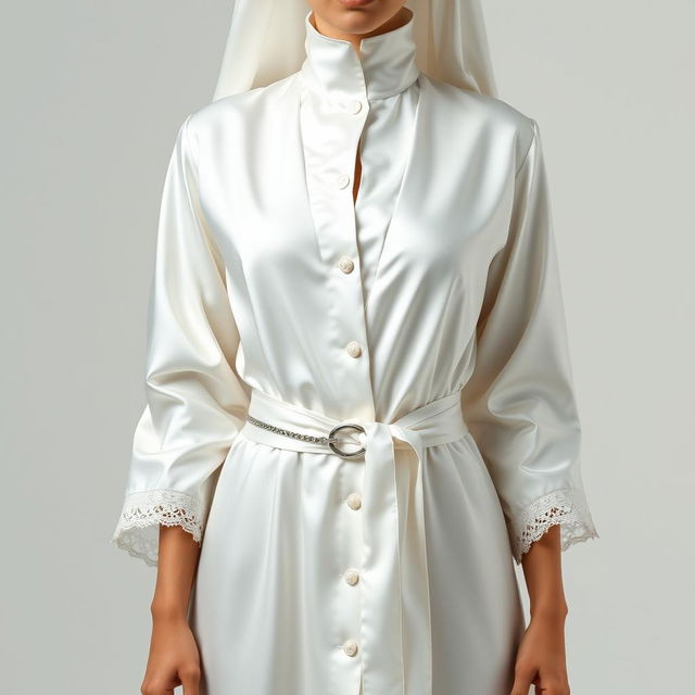 A unique and striking nun's habit made of the finest silk, featuring a dazzling white robe that elegantly hugs the figure and highlights the body’s curves
