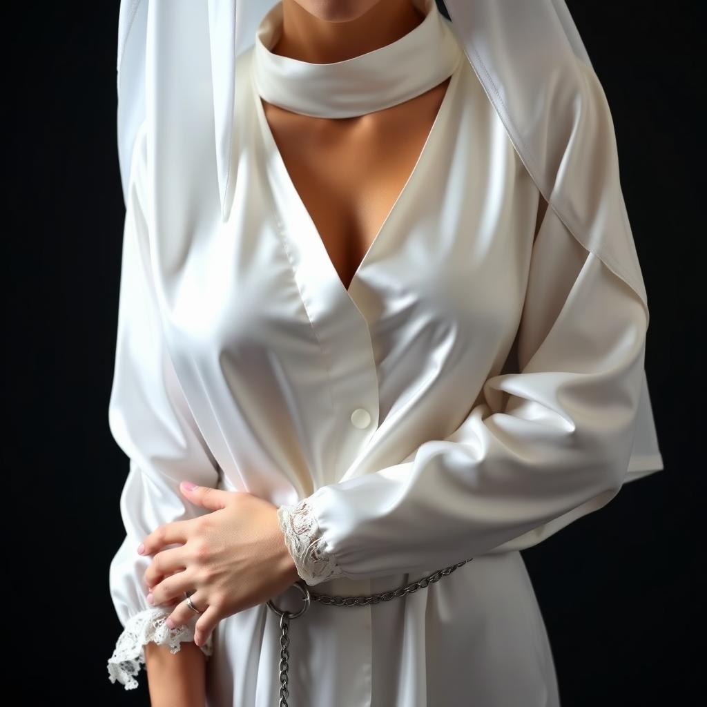A unique and striking nun's habit made of the finest silk, featuring a dazzling white robe that elegantly hugs the figure and highlights the body’s curves