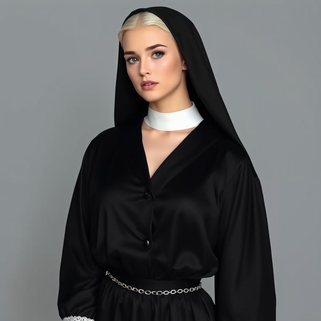 A young attractive woman with white hair, a hint of blush on her cheeks, and slightly puffy lips, features a unique nun's habit that exudes unconventionality