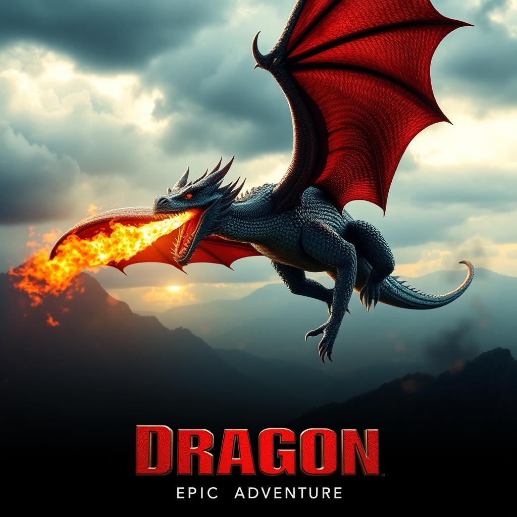 A dramatic movie poster featuring a magnificent fire-breathing dragon soaring through the sky, flames erupting from its mouth