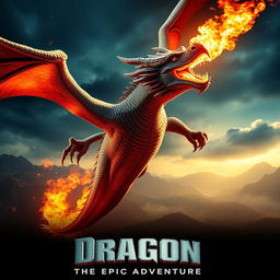 A dramatic movie poster featuring a magnificent fire-breathing dragon soaring through the sky, flames erupting from its mouth