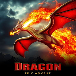 A dramatic movie poster featuring a magnificent fire-breathing dragon soaring through the sky, flames erupting from its mouth