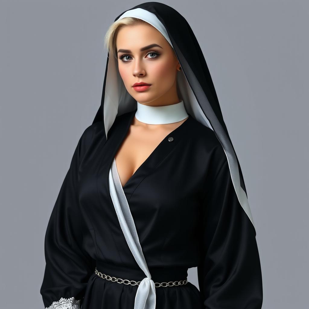 A young attractive woman with white hair, a hint of blush on her cheeks, and slightly puffy lips