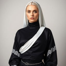 A young attractive woman with white hair, a hint of blush on her cheeks, and slightly puffy lips