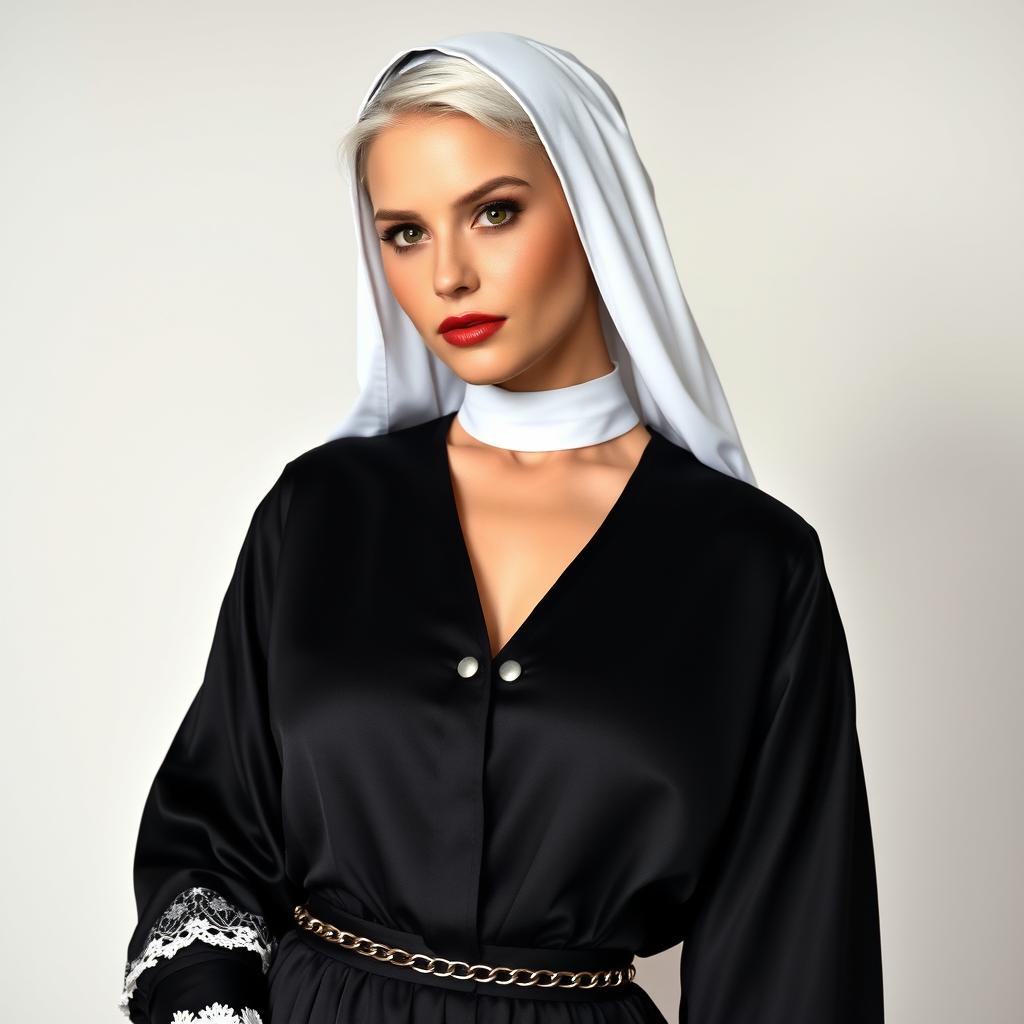 A young attractive woman with white hair, a touch of blush on her cheeks, and slightly plump lips