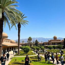 A vibrant university campus in Iran, showcasing a blend of traditional Persian architecture and modern educational buildings