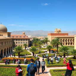 A vibrant university campus in Iran, showcasing a blend of traditional Persian architecture and modern educational buildings