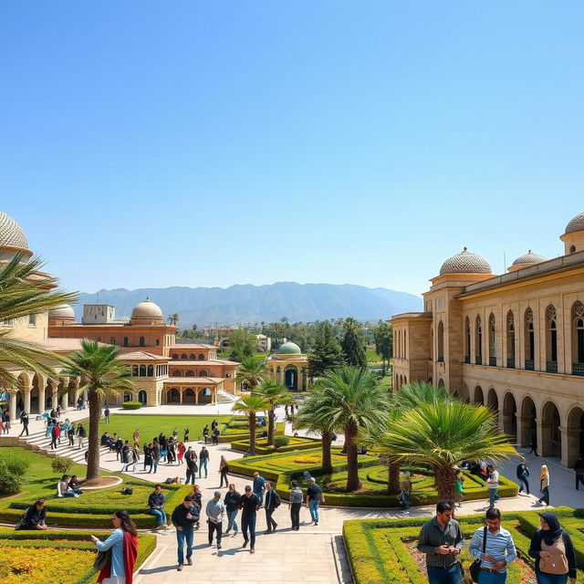 A vibrant university campus in Iran, showcasing a blend of traditional Persian architecture and modern educational buildings