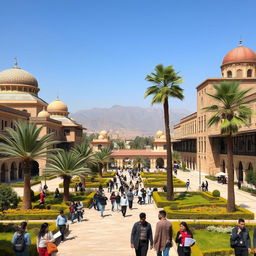 A vibrant university campus in Iran, showcasing a blend of traditional Persian architecture and modern educational buildings