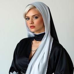 A young attractive woman with white hair, a hint of blush on her cheeks, and slightly puffy lips, portrayed in an unconventional nun's outfit