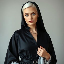 A young attractive woman with white hair, a hint of blush on her cheeks, and slightly puffy lips, portrayed in an unconventional nun's outfit