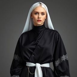 A young attractive woman with white hair, a hint of blush on her cheeks, and slightly puffy lips, portrayed in an unconventional nun's outfit