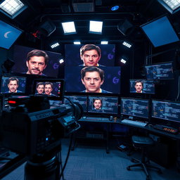 A video production setup showing a high-tech studio with multiple screens displaying real-time face swapping technology in action